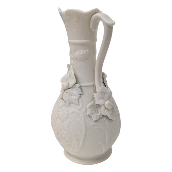 Vtg Embossed Relief Ewer Jug Cream Grape Vine Molded  7" Parian Ware Porcelain - Picture 3 of 10